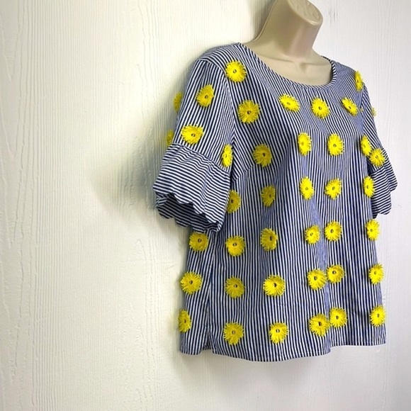 Talbots - Blue Stripe W/ Yellow Appliqués Short Sleeve Blouse Size Large Petite - Picture 3 of 12